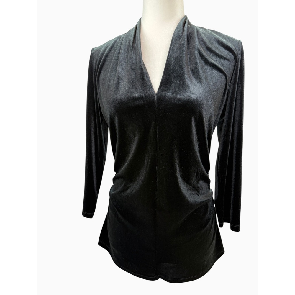 Vince Camuto Womens M Black Velour Ruched Side V Neck 3/4 Sleeve Tunic Top Party